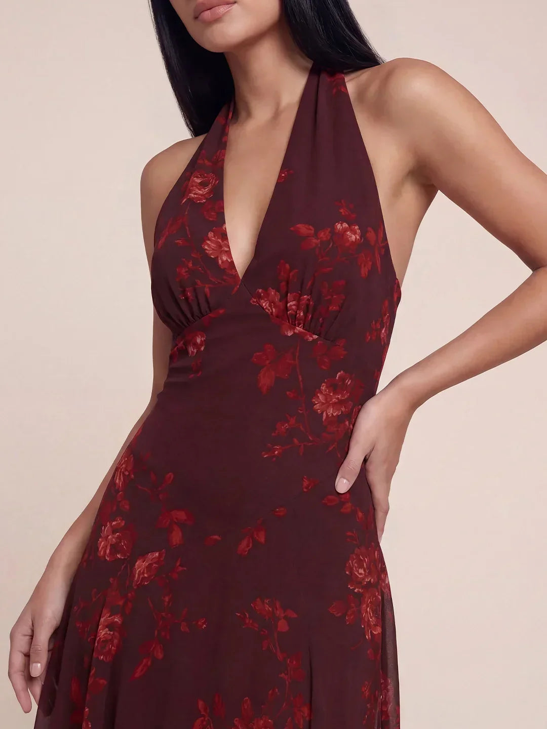Halter V-Neck Drop Waist Georgette Midi Dress