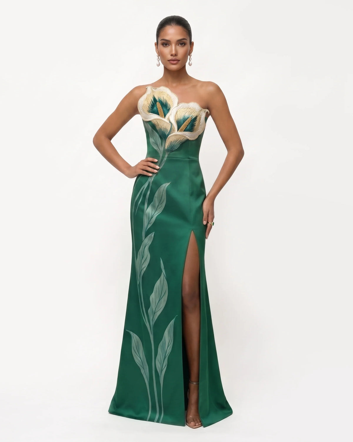 Calla Lily Strapless Slit Maxi Dress - Emerald Green