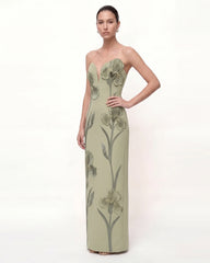 Iris Embroidered Notch Neck Strapless Maxi Dress - Sage Green