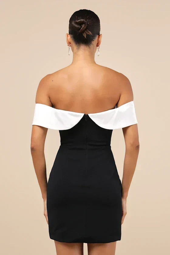 Extravagant Moment Black And White Off-The-Shoulder Mini Dress