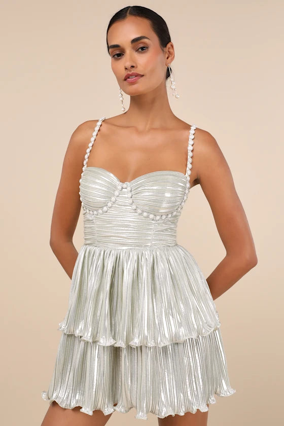 Glorious Shine Champagne Metallic Pearl Tiered Mini Dress