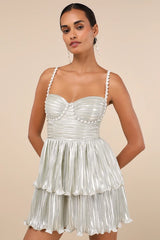 Glorious Shine Champagne Metallic Pearl Tiered Mini Dress