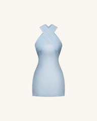 Satin Mini Dress with Tulle Cross-Halter - Blue