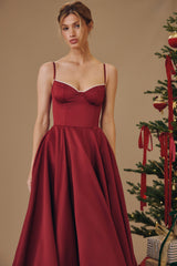Wine Satin Tulle Midi Dress