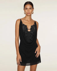 Flower Embroidered Cowl Neck Mini Dress - Black