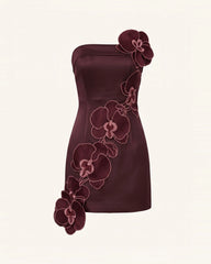 Orchid Embroidered Floral Appliqué Strapless Mini Dress - Burgundy