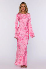 Sweet Clover Long Sleeve Satin Maxi Dress Pink