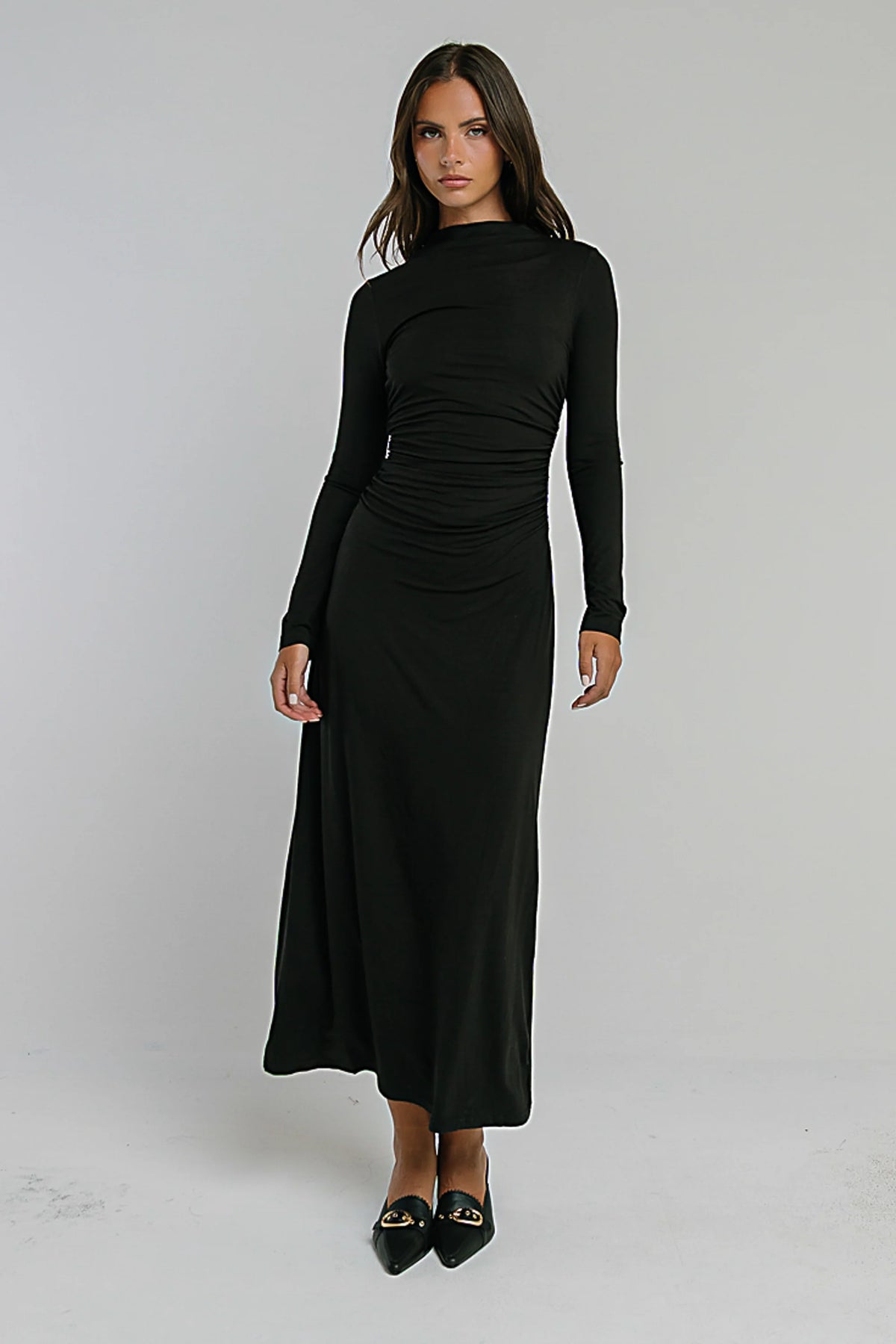 Ruth Ruched Midi Dress in Black