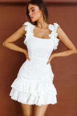 Annie Ruffle Shoulder Strap Layered Hem Mini Dress White