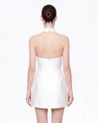3D Floral Halter Mini Dress - White