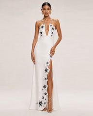 Flower Embroidered Cutout Halter Maxi Dress - White