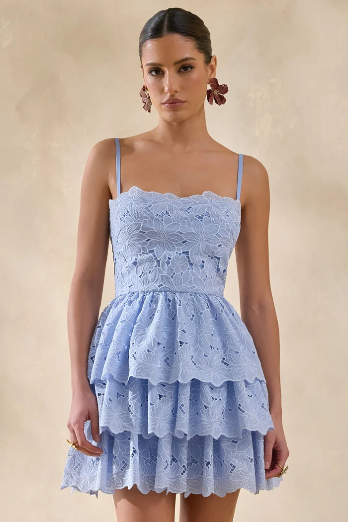 Powder Blue Lace Square-Neck Mini Dress With Ruffled Detailing