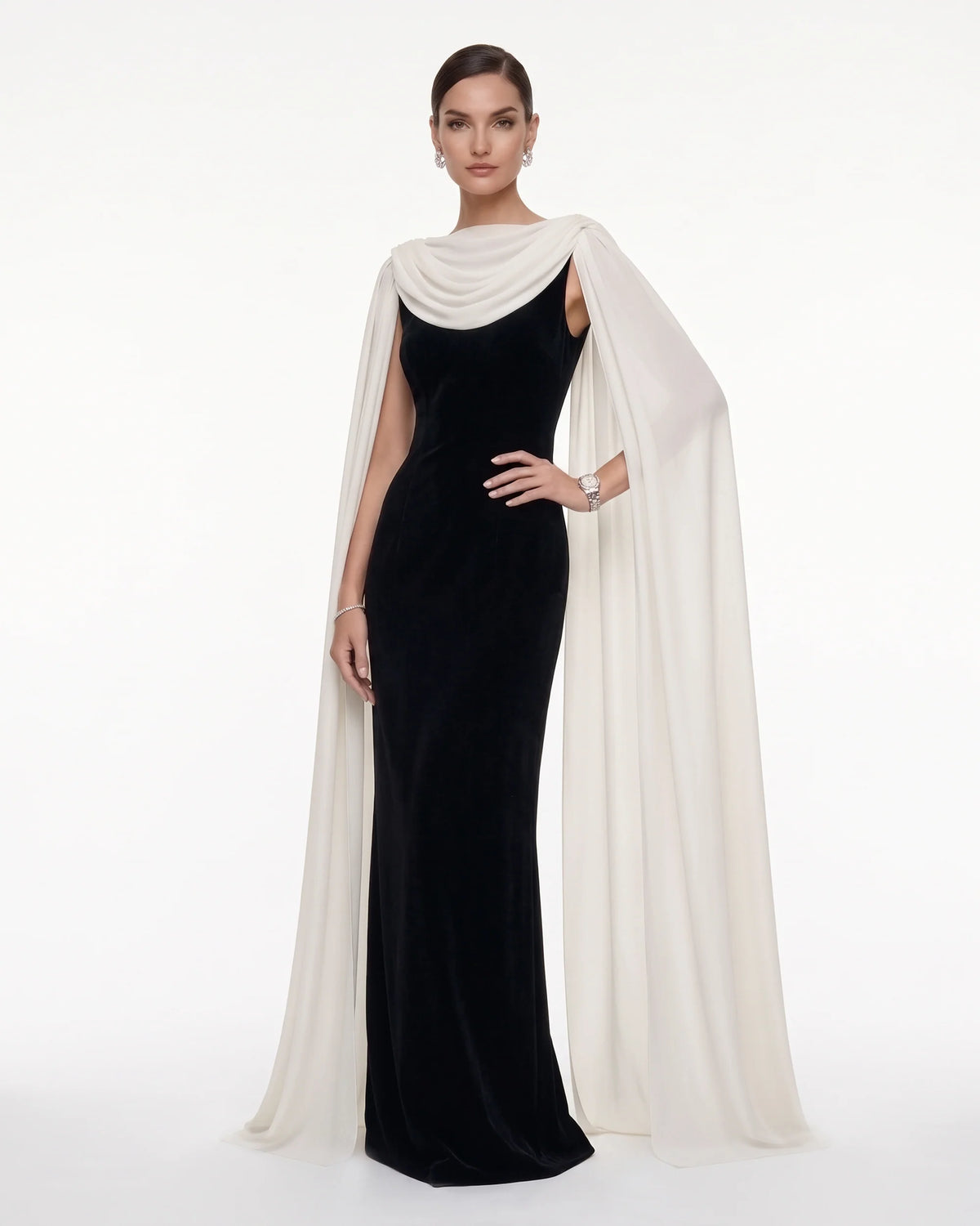 Cowl Neck Sheer Cape Maxi Gown - Black & White