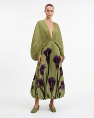 Calla Lily Pleated Balloon-Hem Maxi Dress - Olive Green