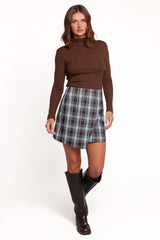Kelly Faux Wrap Mini Skirt - Choc/Blue Plaid
