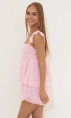 Dotted Chiffon Ruffle Dress in Pink