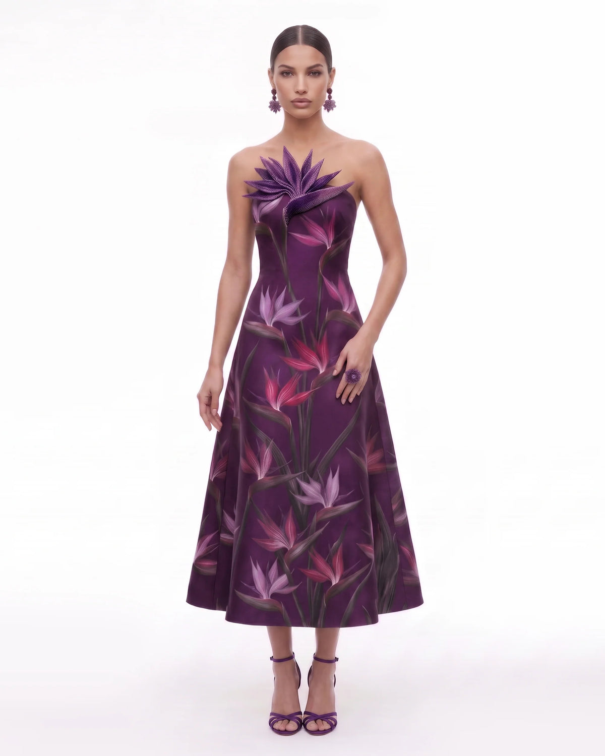 Bird of Paradise Appliqué Strapless A-Line Midi Dress - Dark Violet