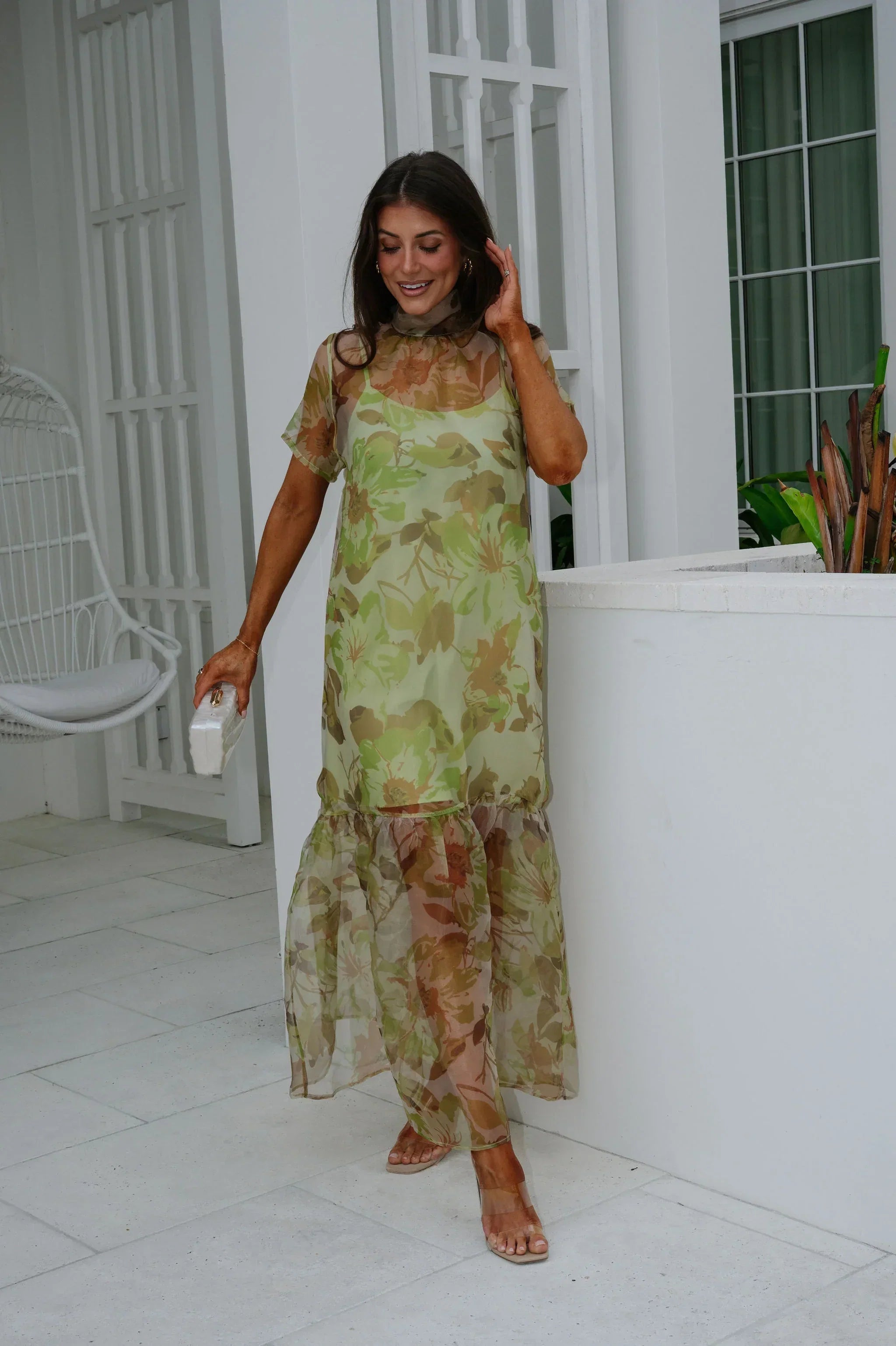 Josie Floral Organza Maxi Dress-Green Multi