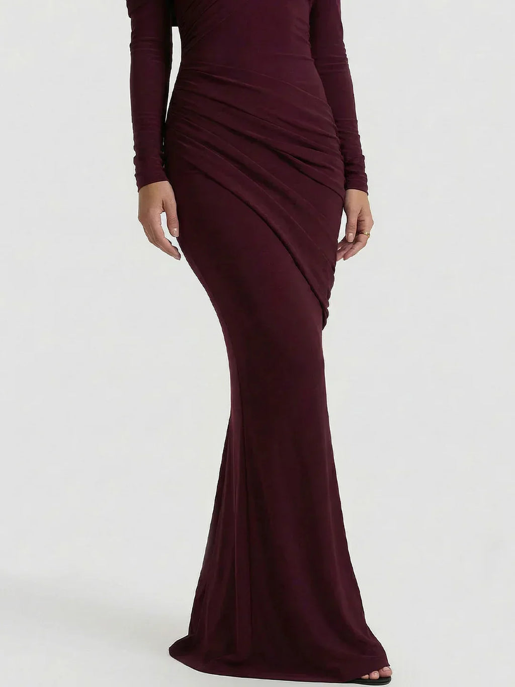 Asymmetric-Neck Maxi Dress With Ruched Detailing