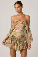 Off-Shoulder Ruffled Mini Dress in Floral Multi Print