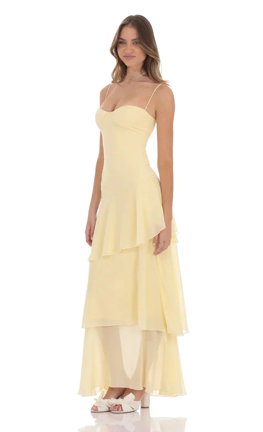 Long Ruffle Maxi Dress In Yellow