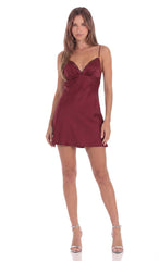 Lace Trim Mini Satin Dress in Burgundy