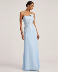 Orchid Embroidered Strapless A-Line Maxi Dress - Light Blue