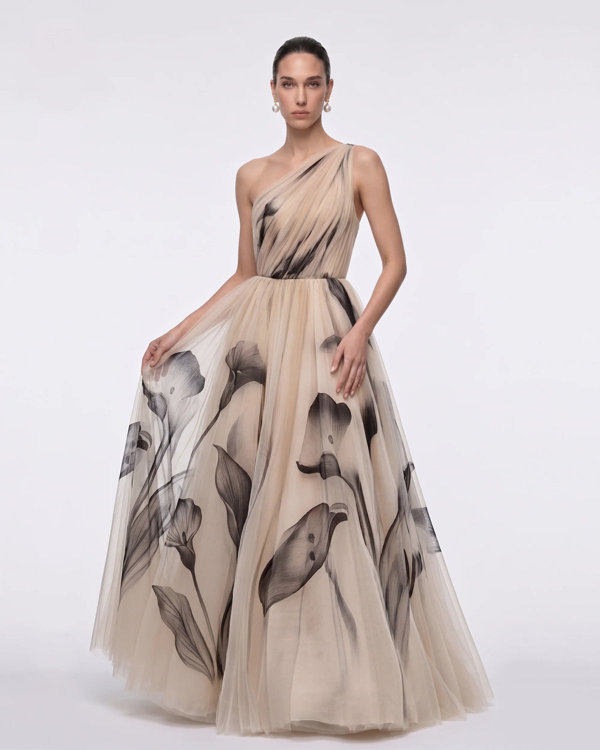 Calla Lily One-Shoulder Tulle Ball Gown - Beige