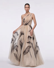 Calla Lily One-Shoulder Tulle Ball Gown - Beige