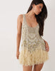 embellished scoop neck mini dress with faux feather hem in pale yellow