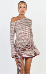 Noelle Mini Dress - Geo Print Off Shoulder Tie Front Dress in Geo Border Print
