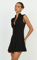 Jacinta Mini Dress - Sleeveless Button Front Tulip Dress in Black