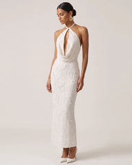 Orchid Beaded Embroidered Keyhole Cowl Halter Maxi Dress - White