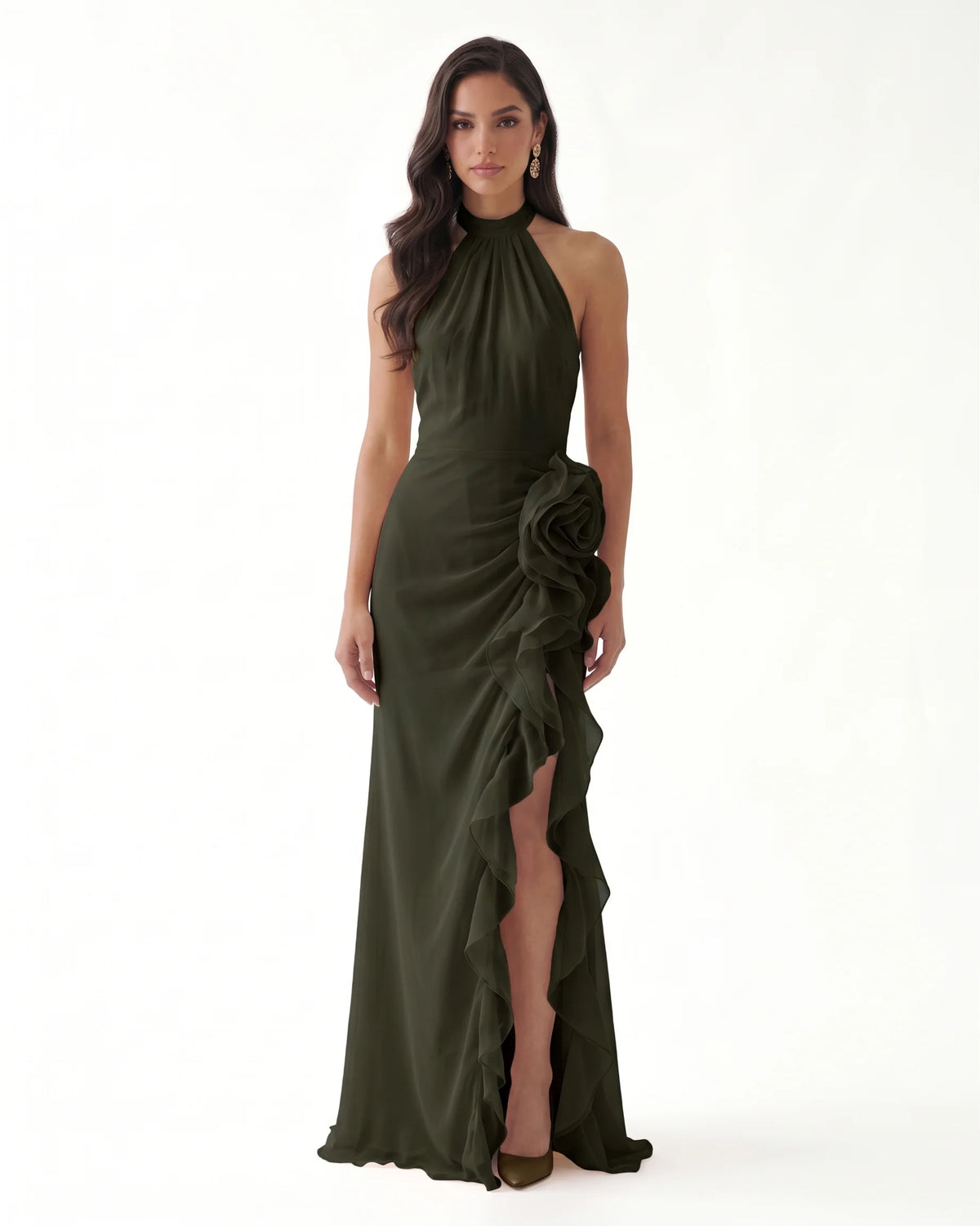 Halter Ruffle Rosette Slit Maxi Dress - Olive Green
