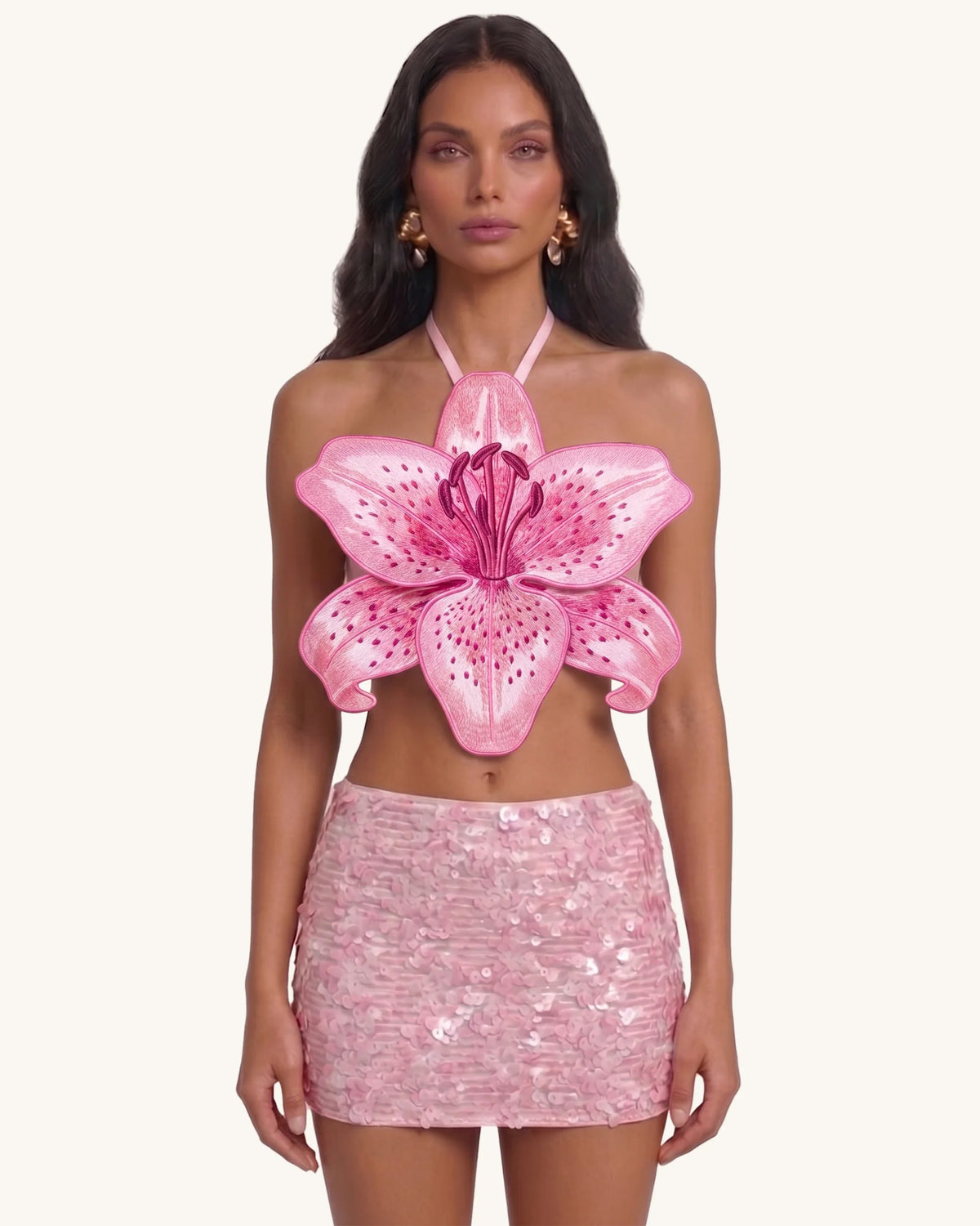 3D Lily Halter Crop Top - Pink