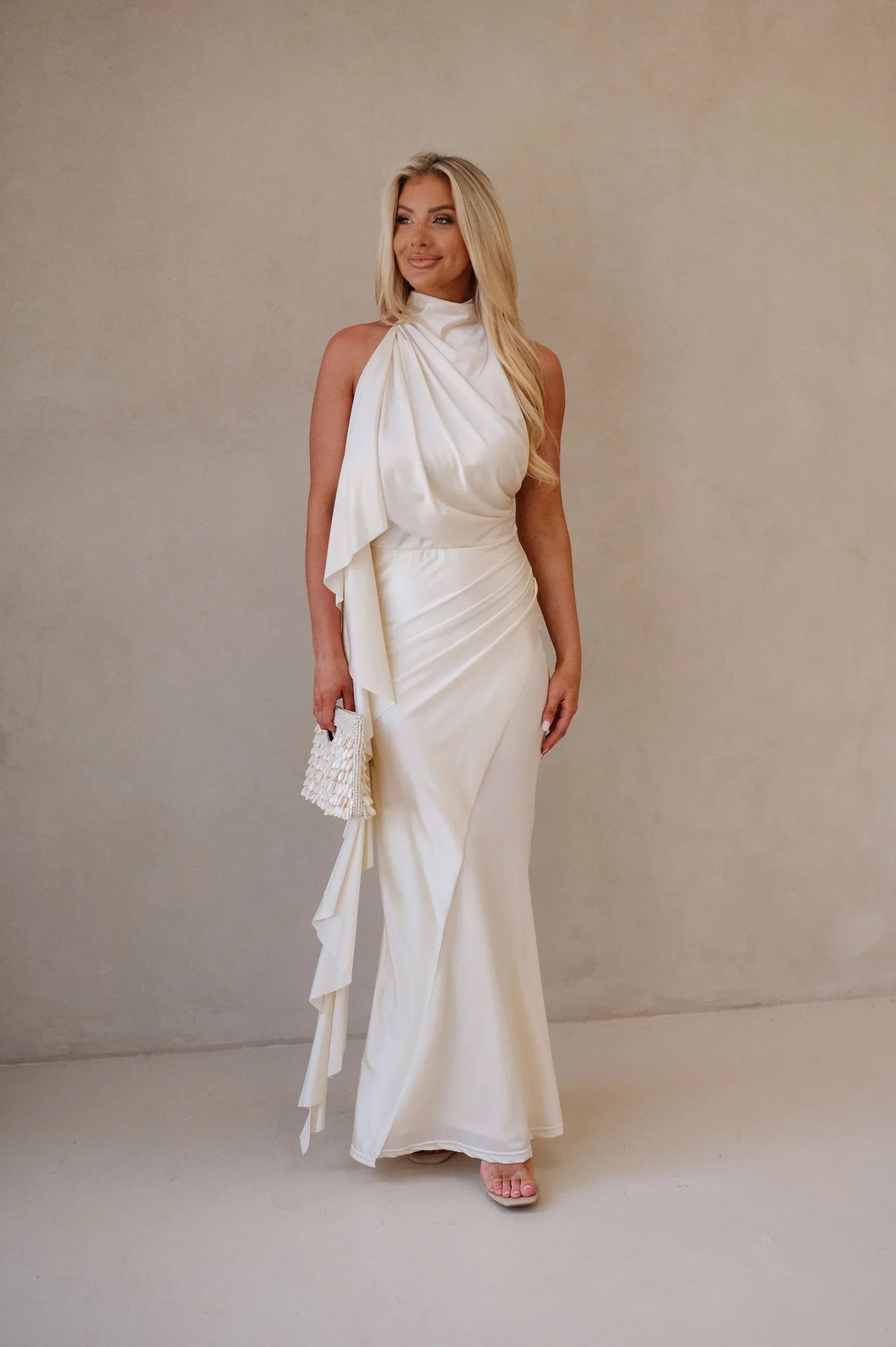Halter Neck Satin Jersey Maxi Dress-Ivory
