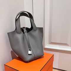 HM Picotin Lock 18 Bag Grey Cowhide