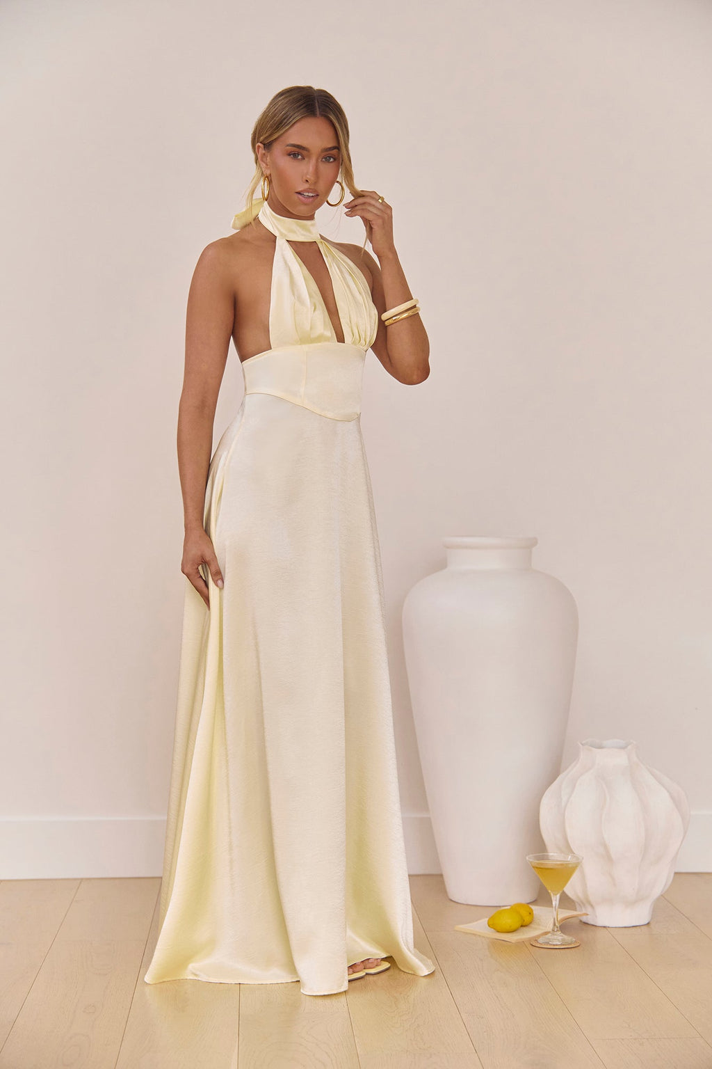 Hour Of Love Satin Halter Maxi Dress Yellow