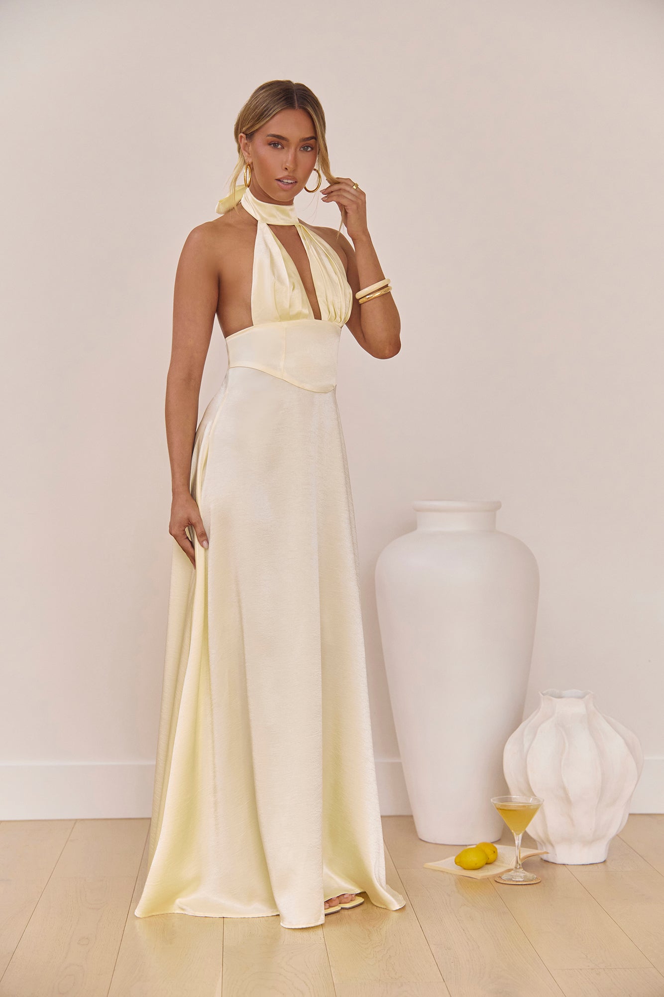 Hour Of Love Satin Halter Maxi Dress Yellow