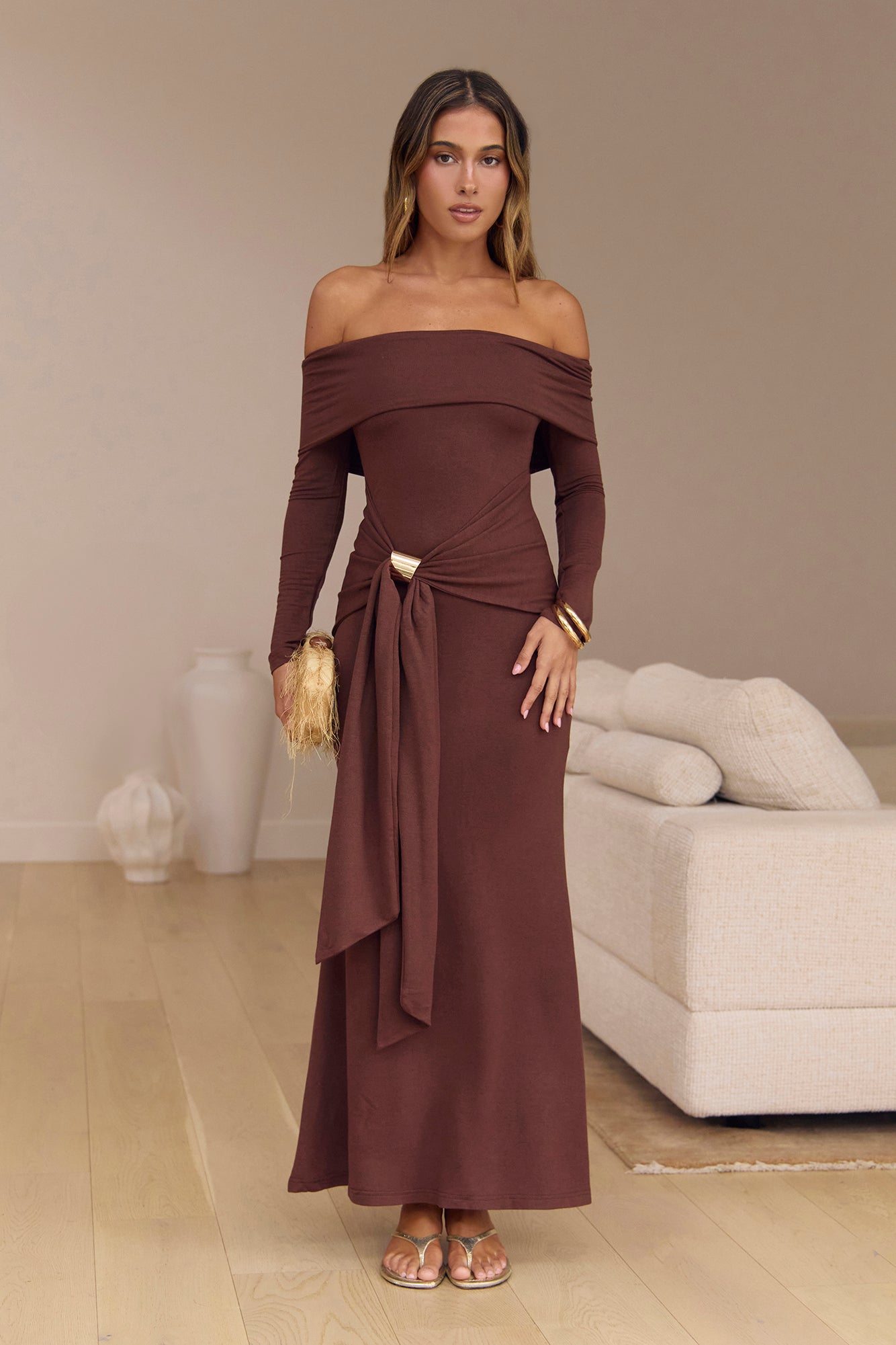 The Getaway Edit Off Shoulder Maxi Dress Chocolate
