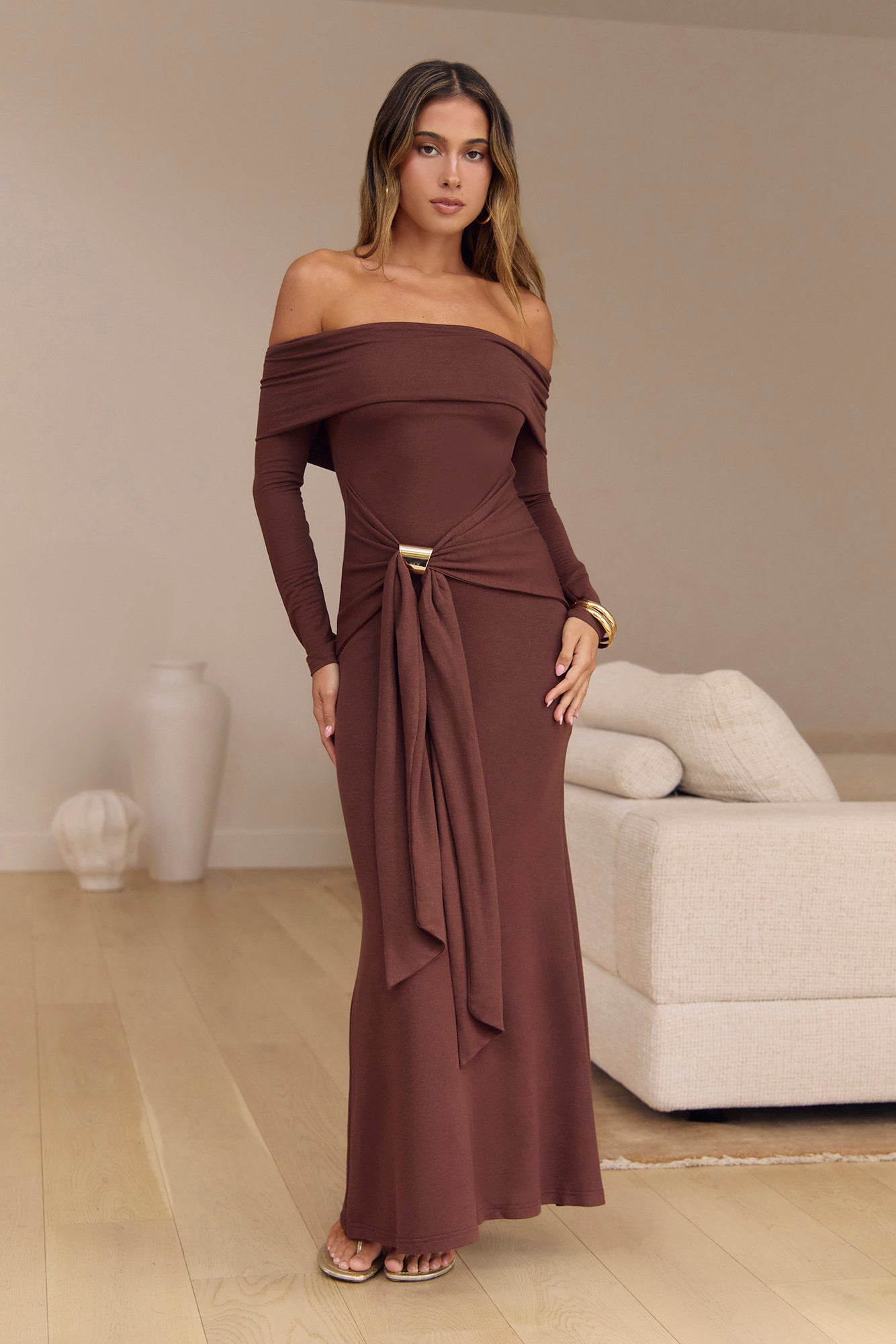 The Getaway Edit Off Shoulder Maxi Dress Chocolate