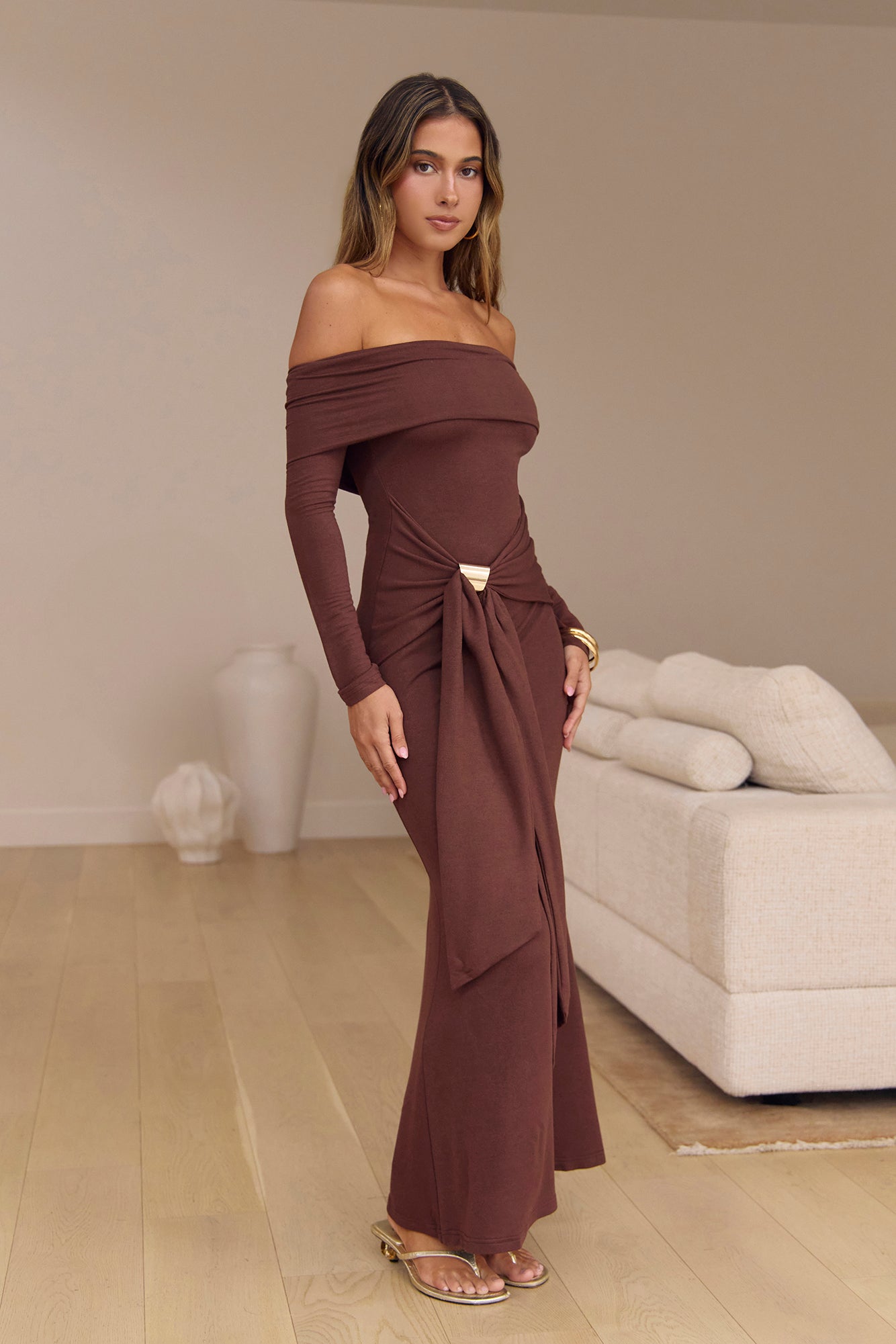 The Getaway Edit Off Shoulder Maxi Dress Chocolate