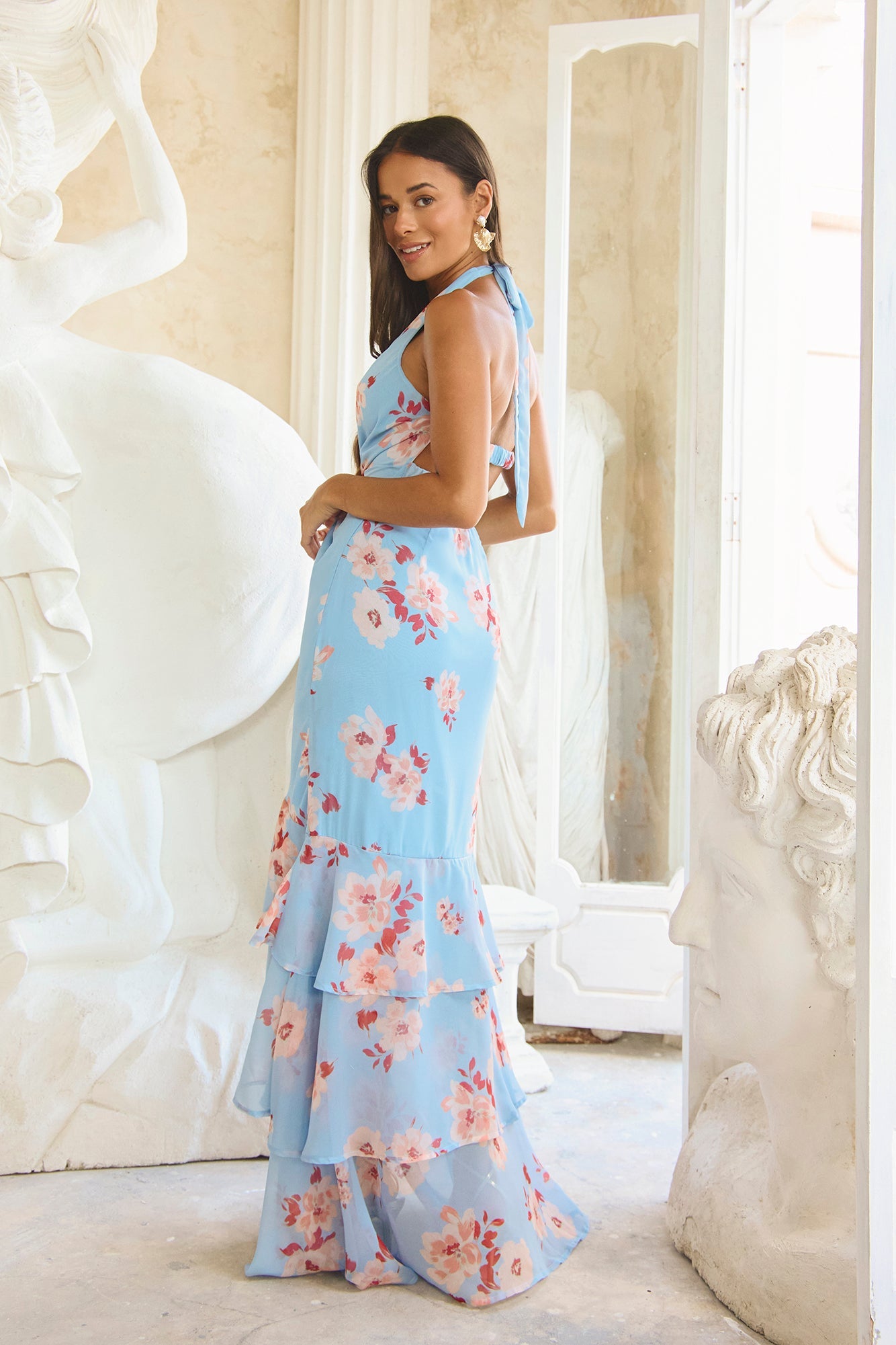 Floating Blossoms Halter Maxi Dress Blue