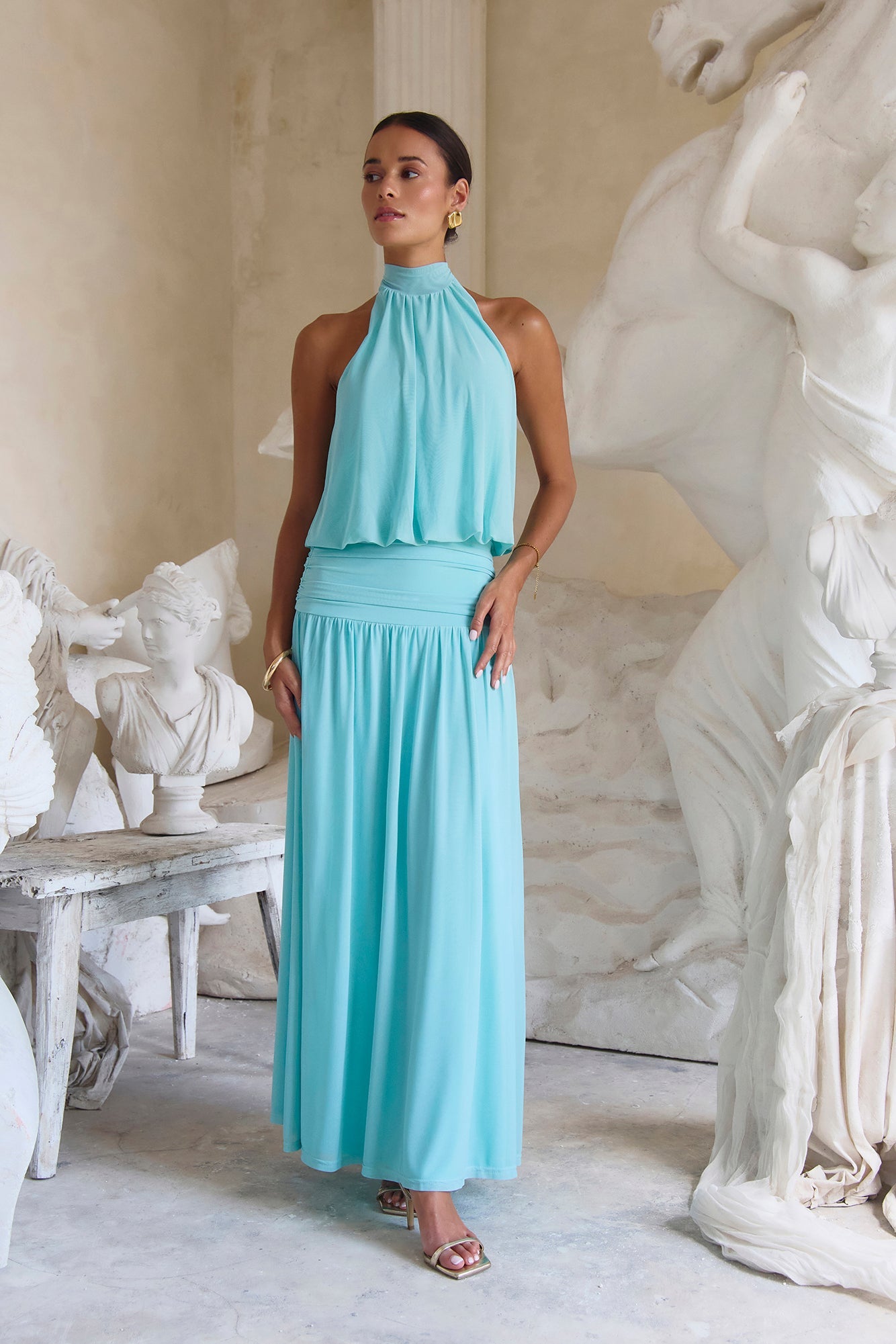 Camellia Mesh Halter Maxi Dress Light Blue