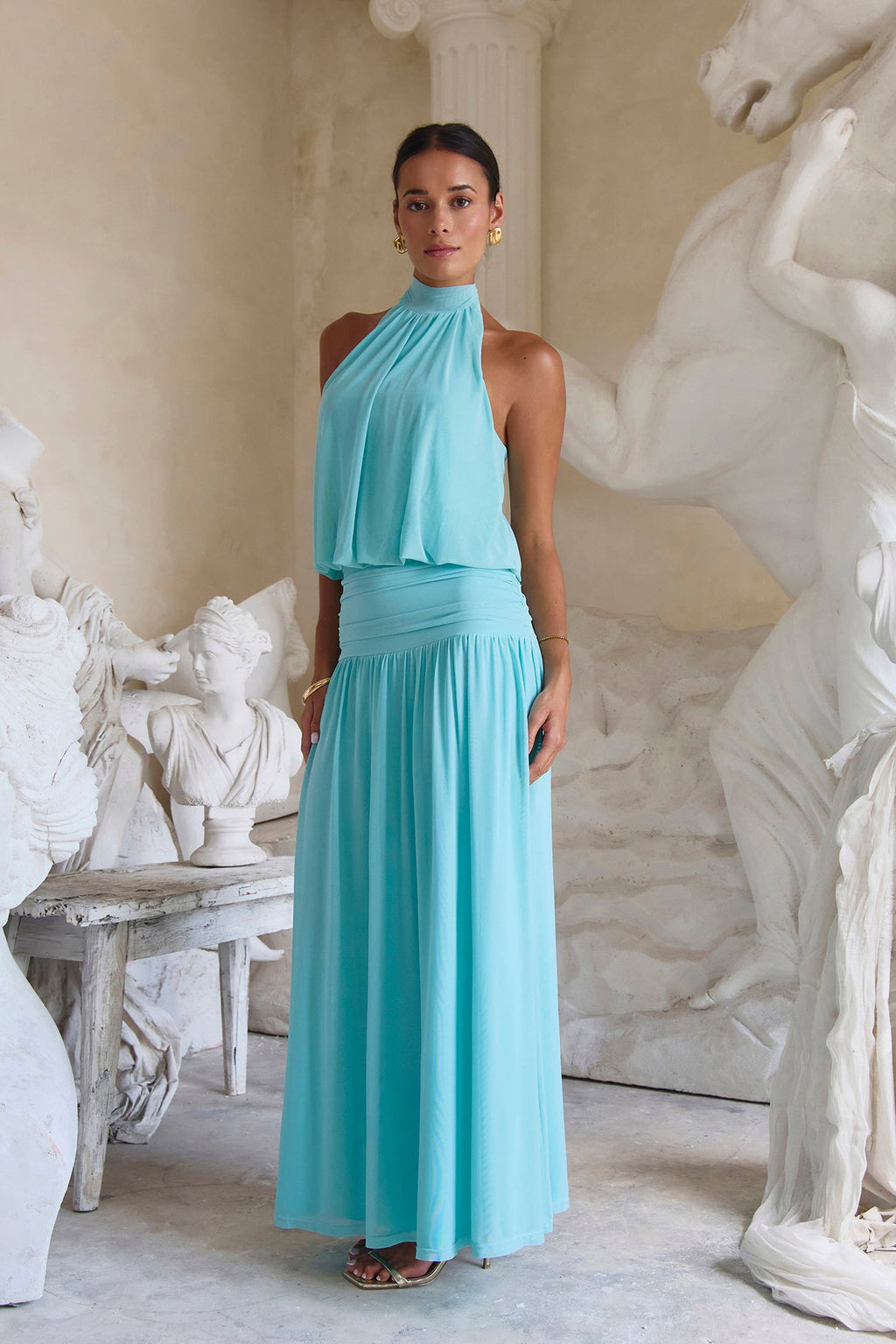 Camellia Mesh Halter Maxi Dress Light Blue