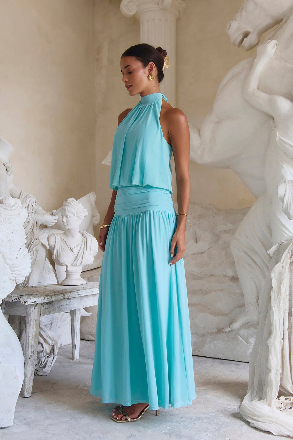 Camellia Mesh Halter Maxi Dress Light Blue