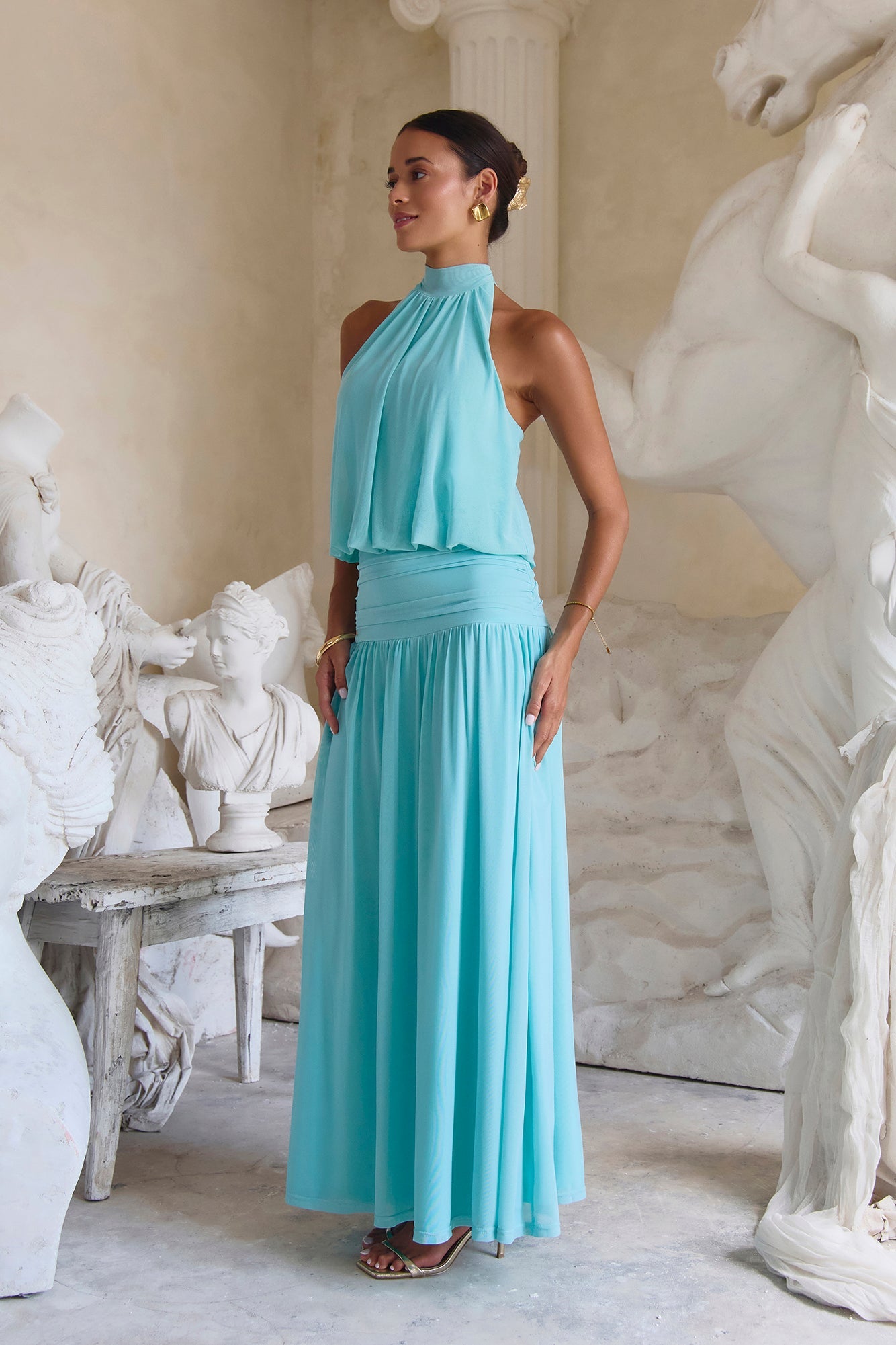 Camellia Mesh Halter Maxi Dress Light Blue