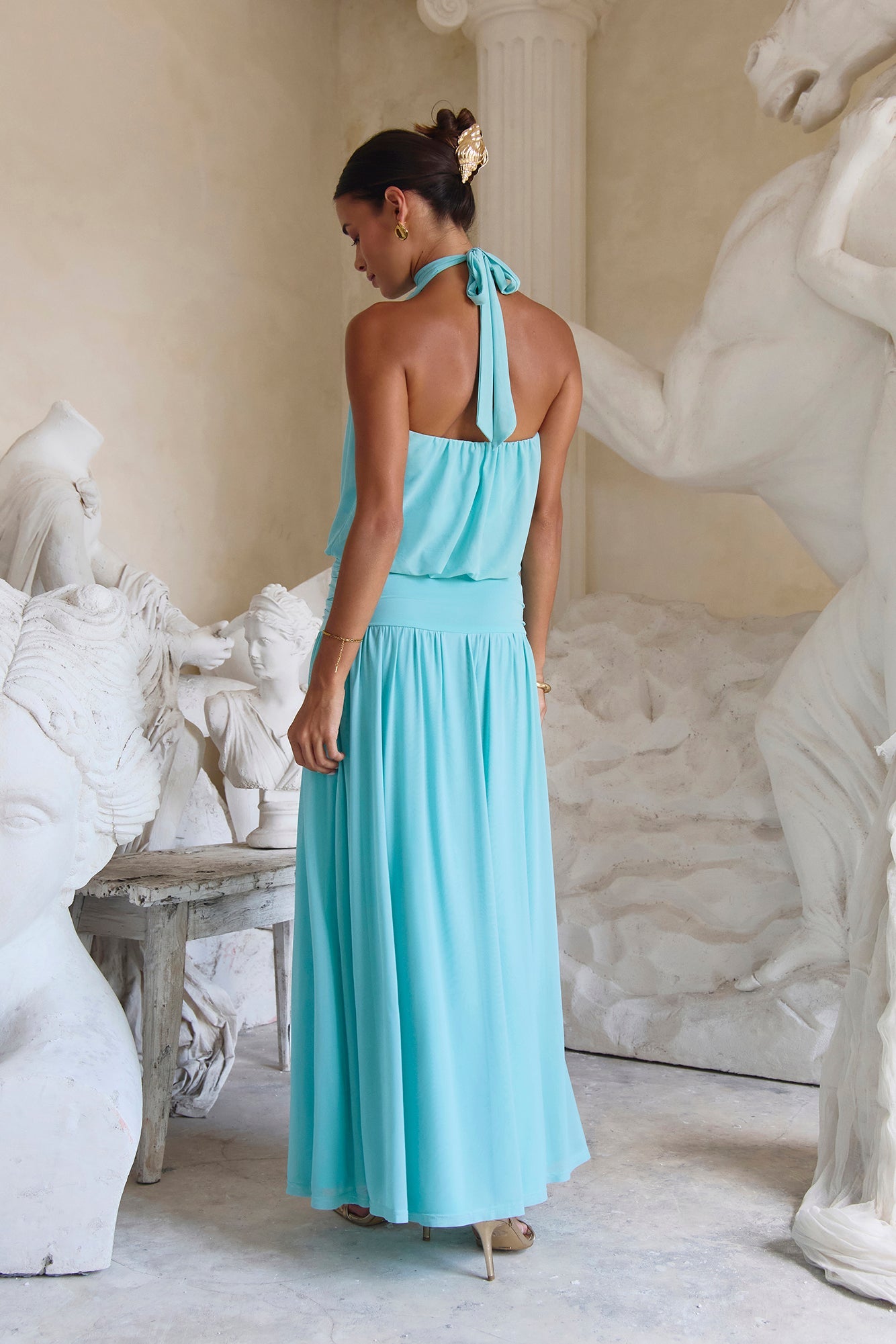 Camellia Mesh Halter Maxi Dress Light Blue