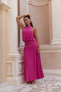 Camellia Mesh Halter Maxi Dress Magenta