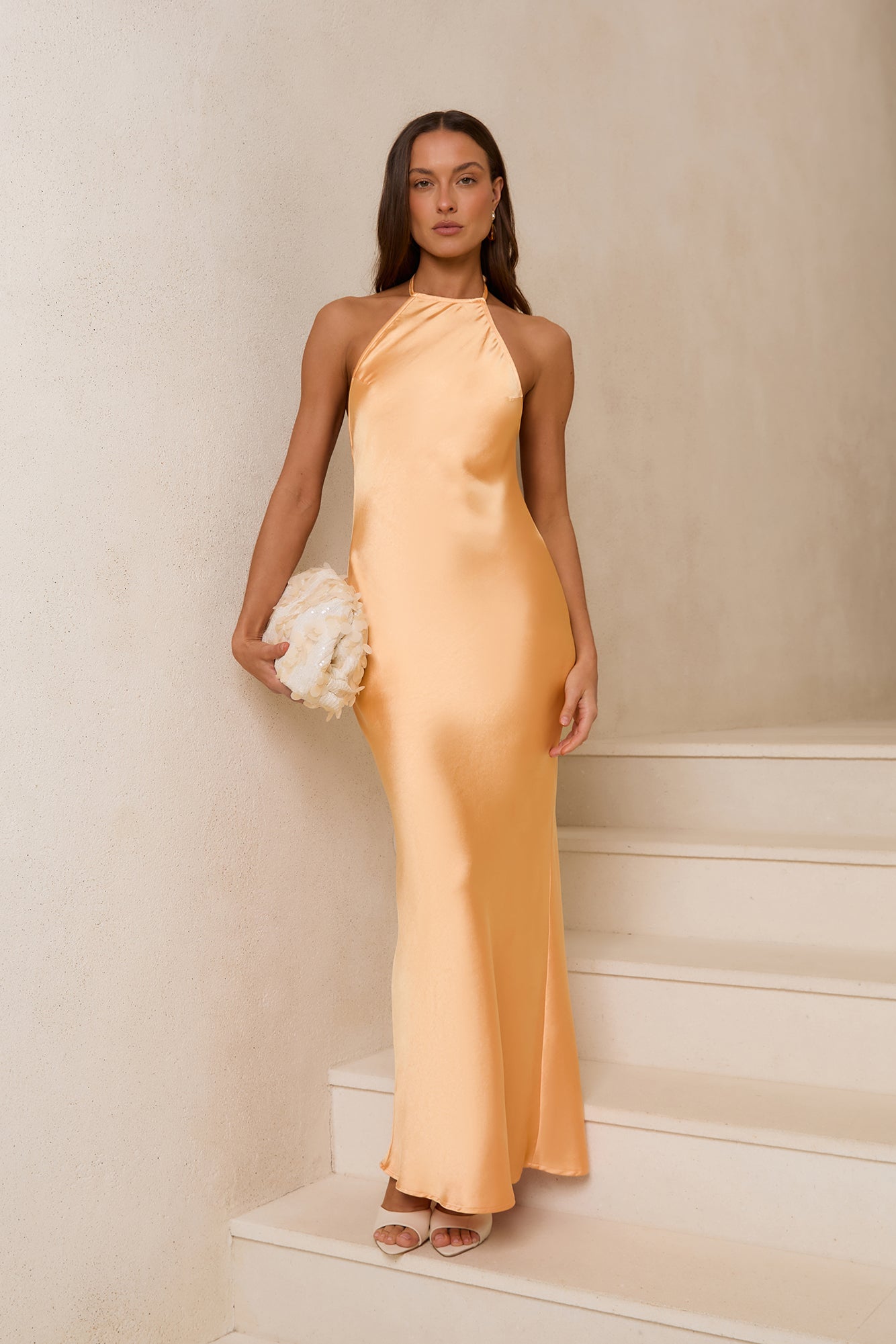 Take The Picture Satin Halter Maxi Dress Orange